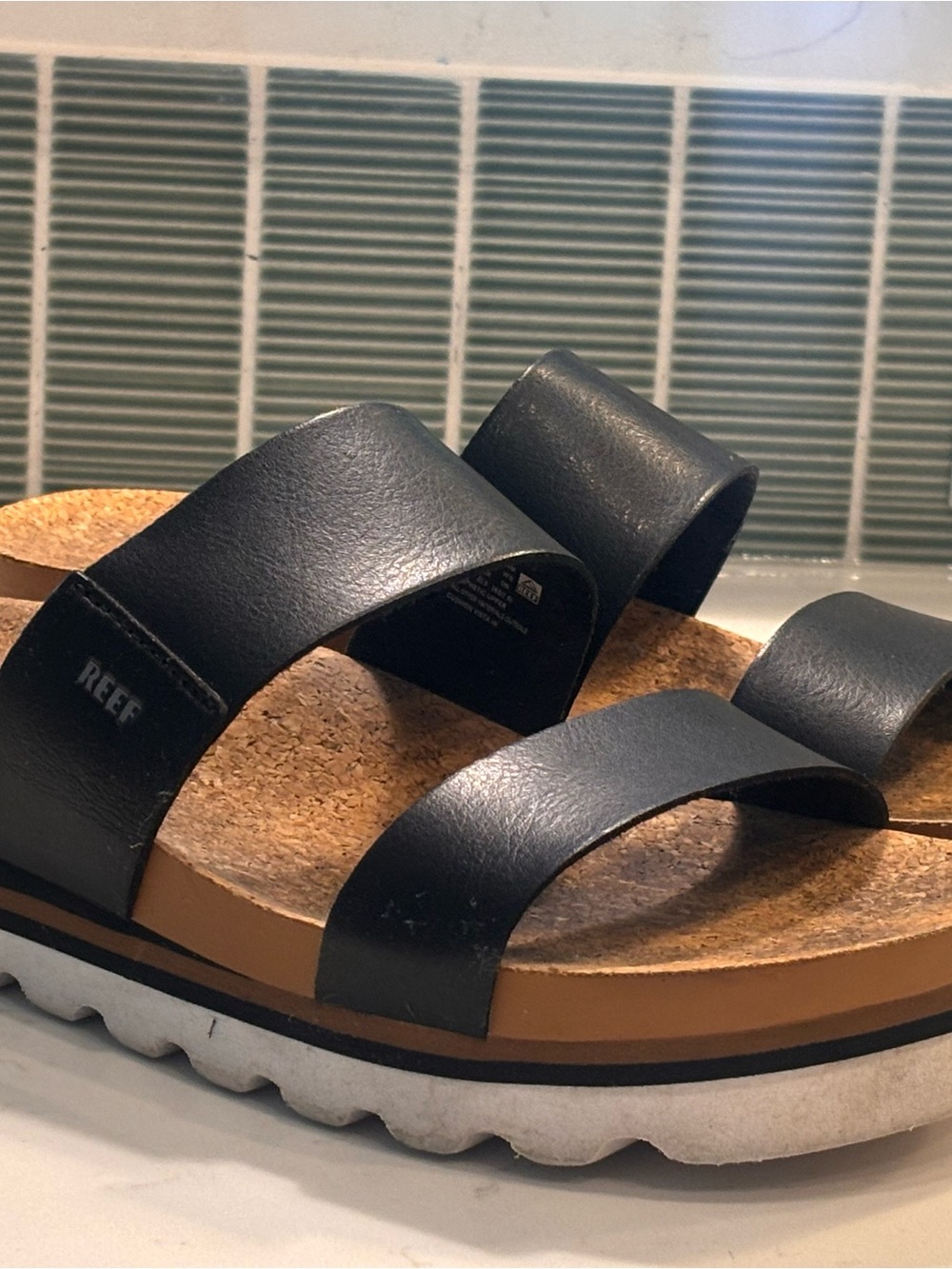 Reef Black Vista Double-Strap Cork Footbed Slide Sandal